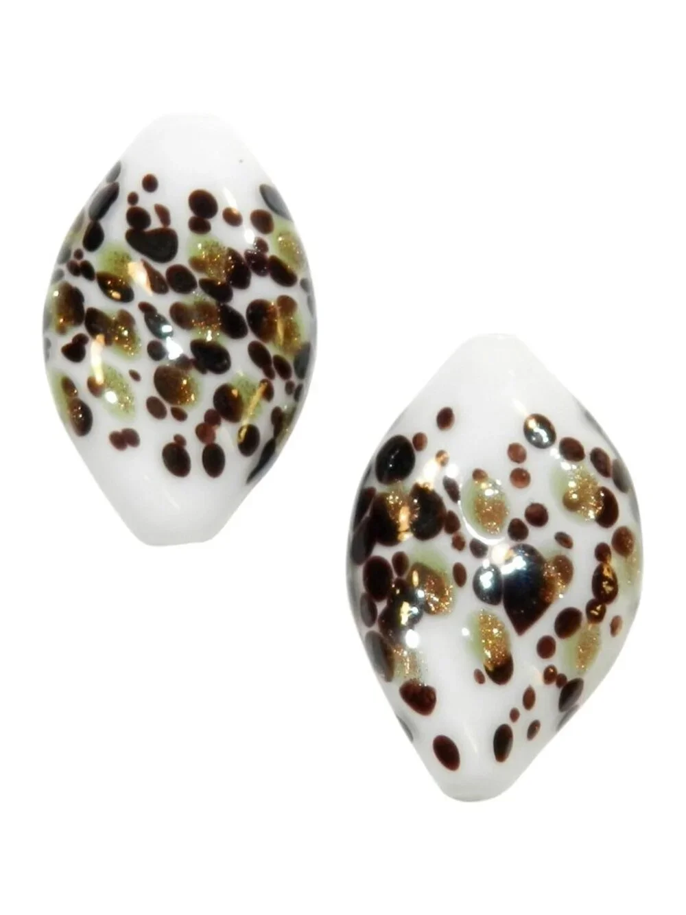 White with Brown & Copper 27mm Twisted Oval Blown Lampwork Glass Beads 2pc G4297